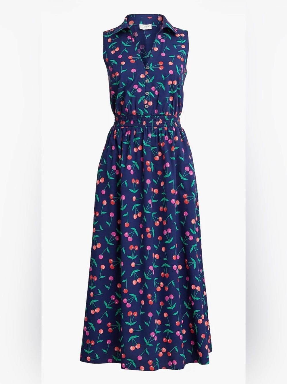 J. Crew Sleeveless Collared Navy Cherry Print Midi Dress